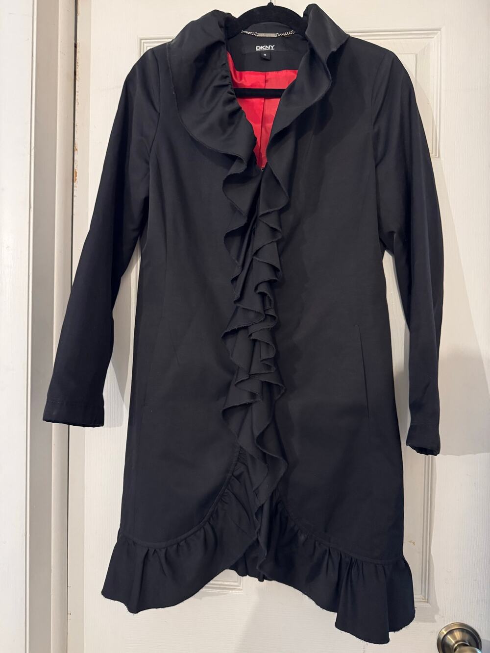 DKNY Black Ruffle Trim Front Zip Trench Coat Jacket Red Lining Medium